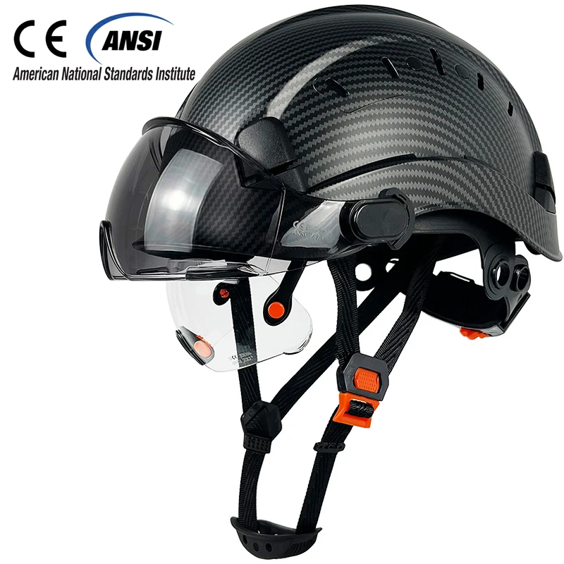 

CE Carbon Fiber Pattern Construction Safety Helmet With Build In Visor Goggles For Engineer ANSI Hard Hat Industrial Work Cap