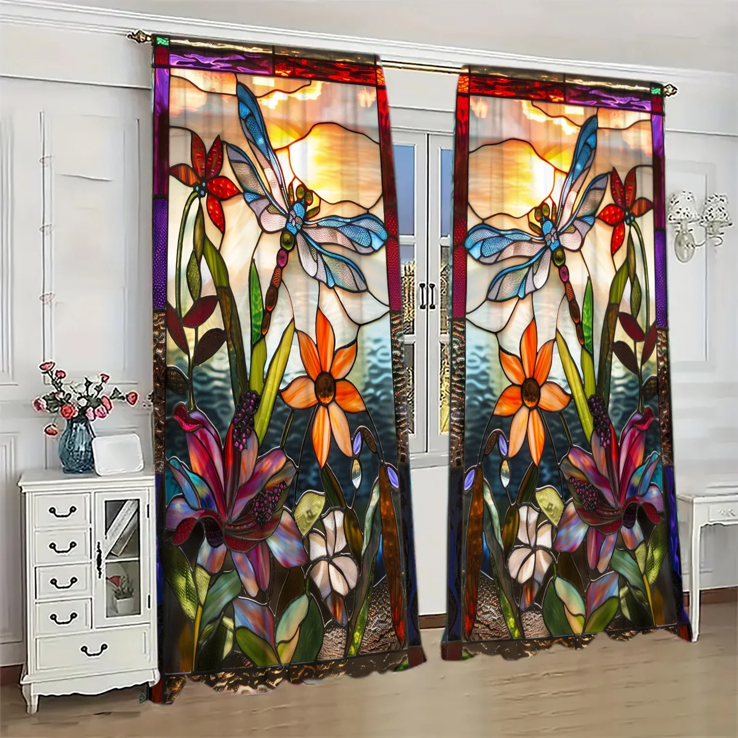 2pcs Stained Glass Dragonfly Printed Curtain - Artistic Home Decoration Curtains, All Season Decorative Curtains