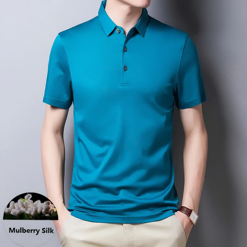 

Top Quality Men's Natural Mulberry Silk Polos 2023 Summer Solid Lyocell Clothes Short Sleeve Male Silk Cotton Polo Shirt