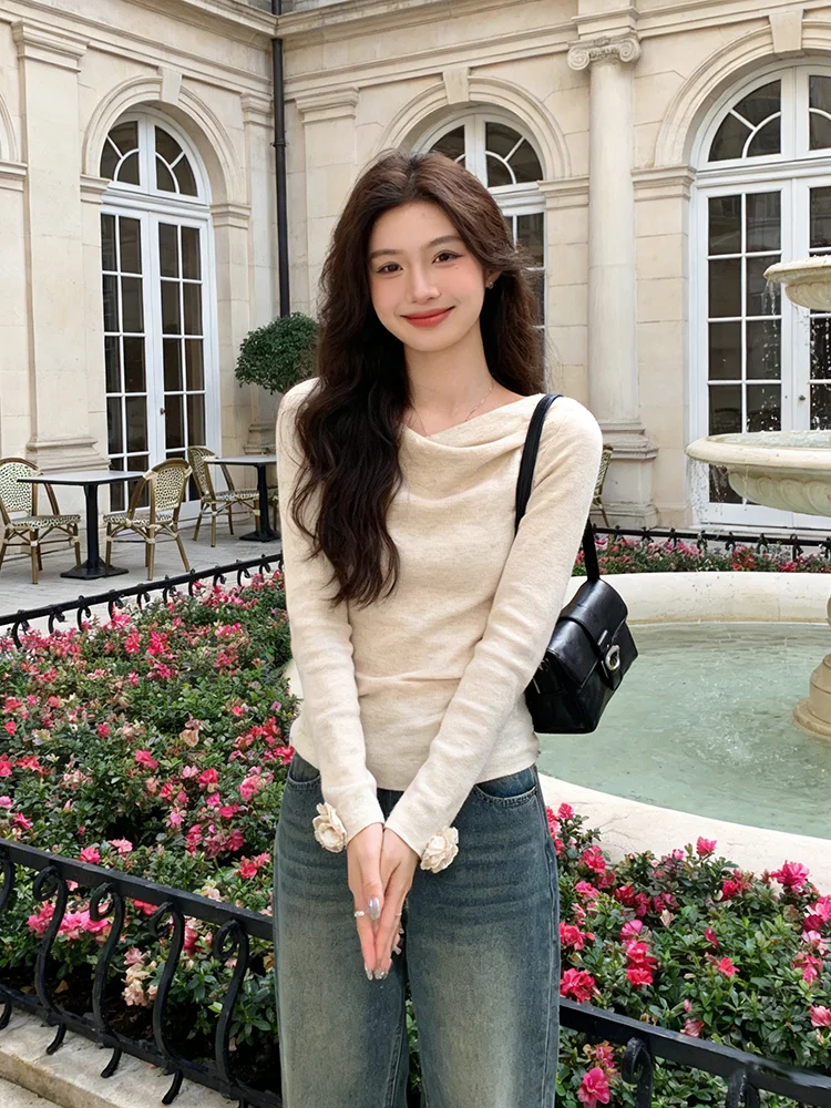 

Chic Gentle Beautiful High-End Early Spring Korean Style Women's Knitted Sweater with Swing Collar Stylish Small Top