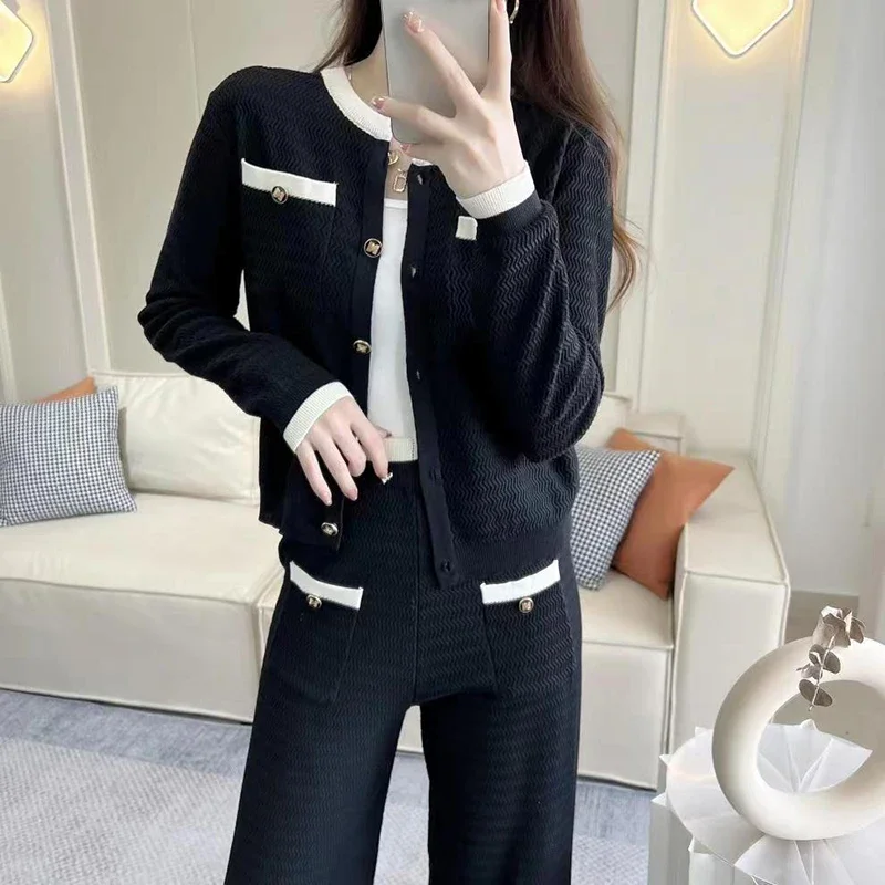 Korean Fashion O-neck Single-breasted Cardigan Women+wide Leg Pants Knitted 2 Piece Sets Womens Streetwear Loose Pant Suits N505