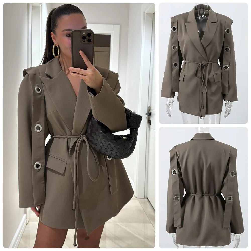 Single Button Self Tie Cinched Waist Blazer Metal Eyelet Ring Decor Oversized Slimming Long Sleeve Suit Jacket Outerwear 260602