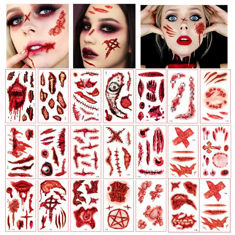 

Halloween Scar Tattoo Stickers 10 Sheets Horror Waterproof Realistic Wound Blood Tattoo Face Hand Body Injured Scar Stickers Set