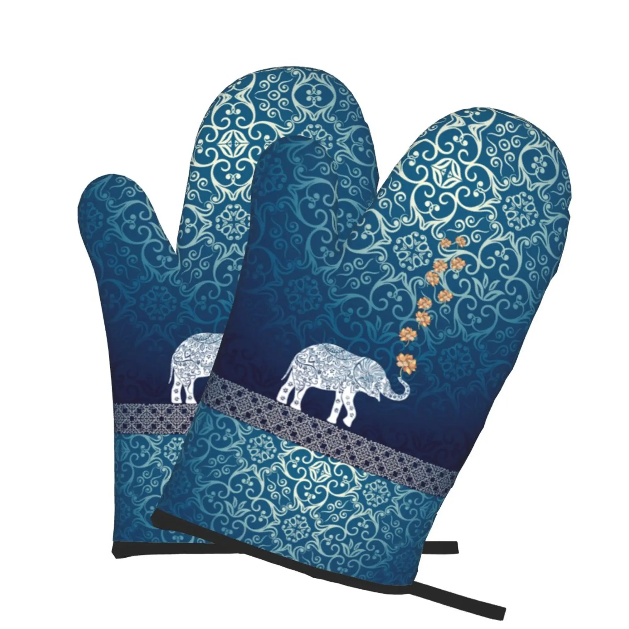 Blue Elephant Design Women Boho Oven Gloves 2pcs Microwave Gloves Oven Gloves Heat Resistant Oven Mitts for Kitchen Bbq