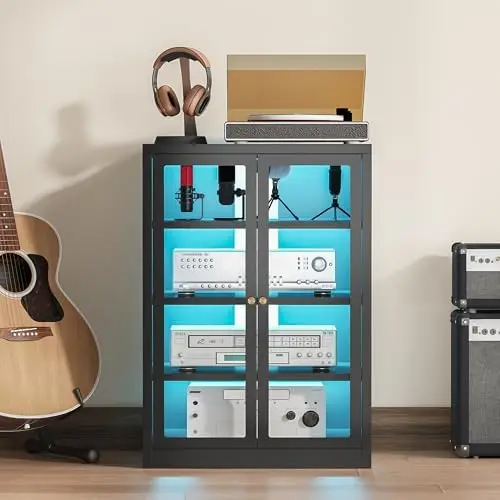 Metal Media Cabinet with 13-Color LED Lights, Stereo Cabinet with Glass Doors & Adjustable Shelves Audio AV Rack with