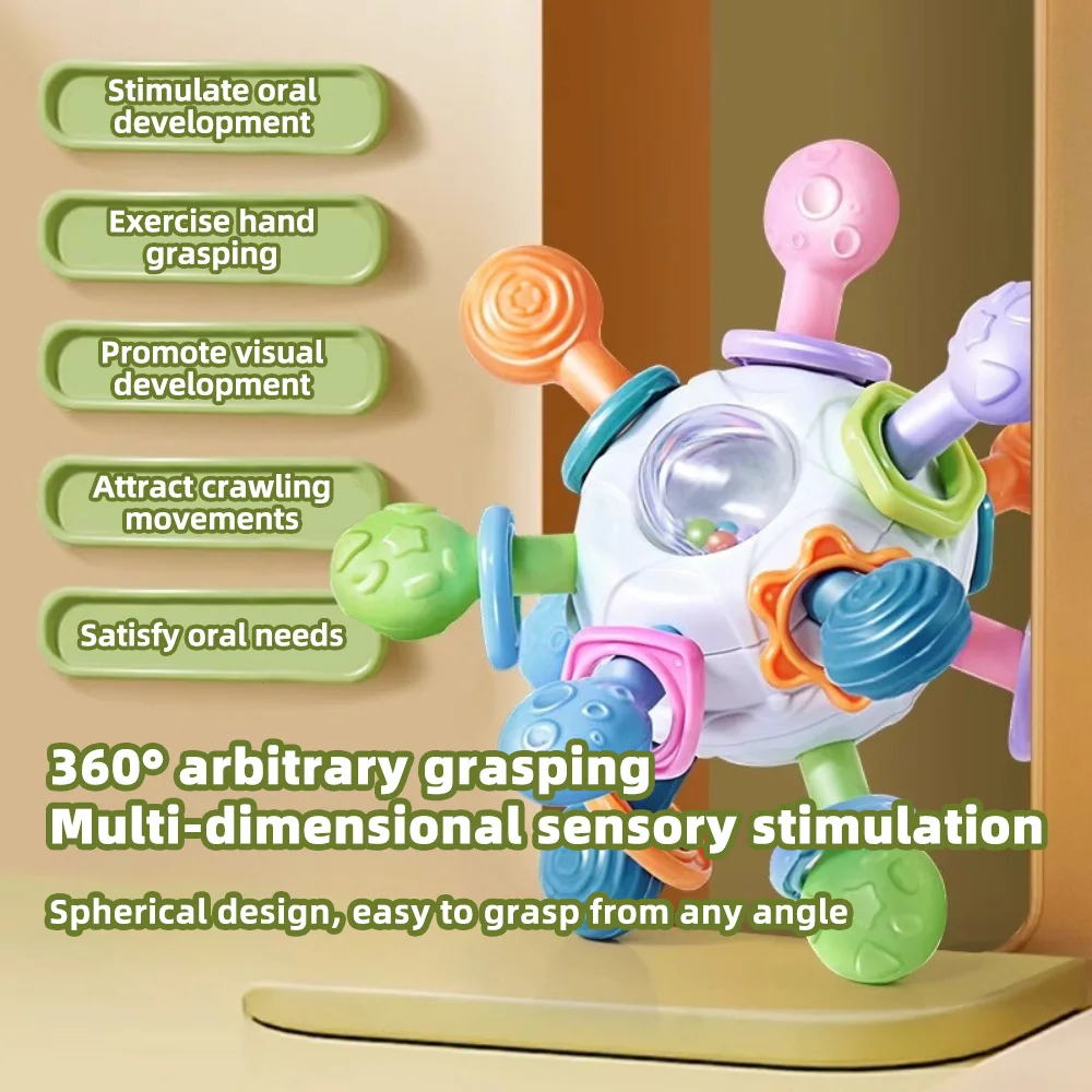Bola de agarre de Manhattan para bebé, mordedor 3 en 1, sonajero y juguete de agarre de goma suave para educación temprana y alivio de la dentición