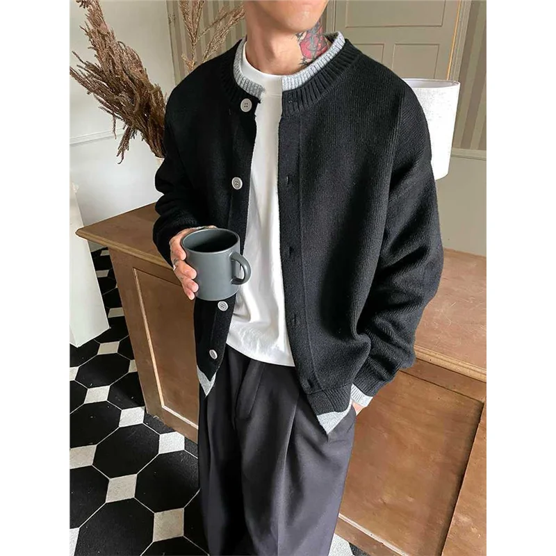 سترة محبوكة للرجال من American Sle معطف بطبقة مزدوجة وياقة مكونة من قطعتين سترة مفتوحة عصرية اللون Blo Lazy Old Money...