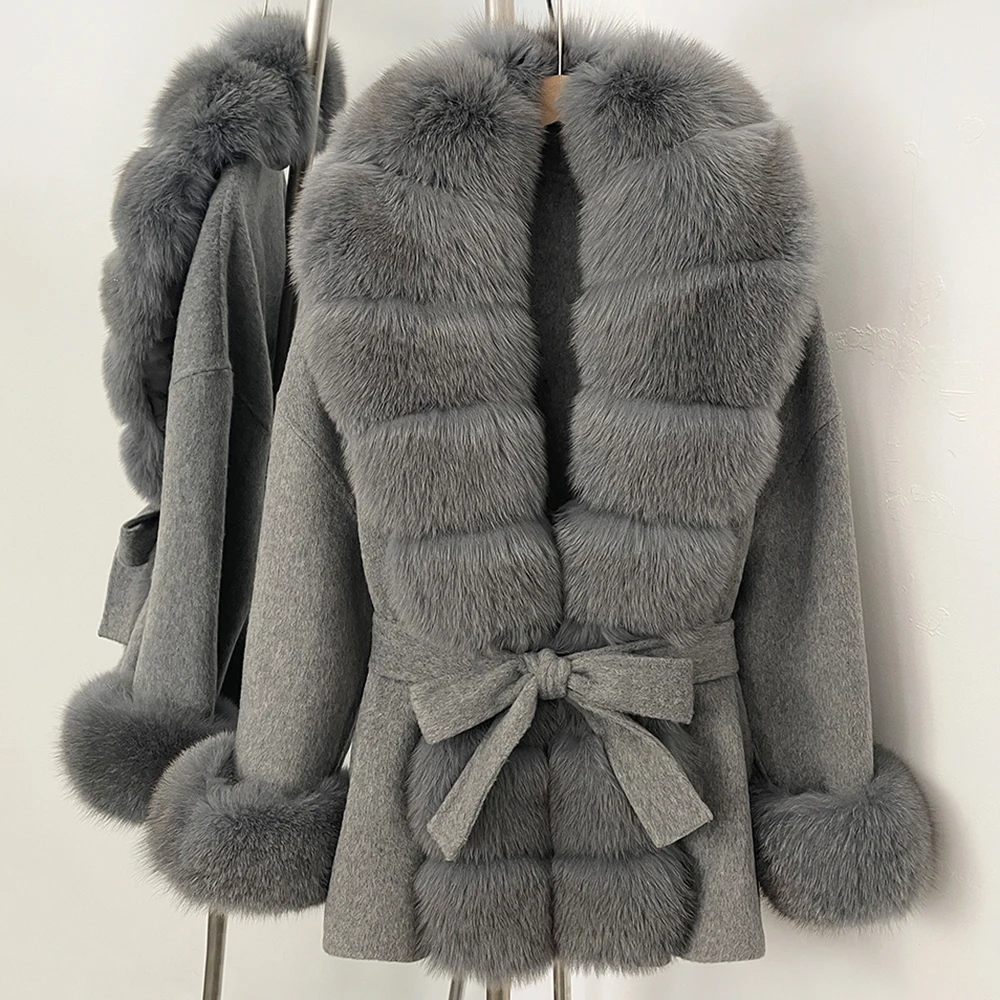 

Real Fur Collar Wool Blend Jacket Fashion Fox Fur Coat Warm Female New Autumn Woolen Coat Winter Warm Women Clothes for Women