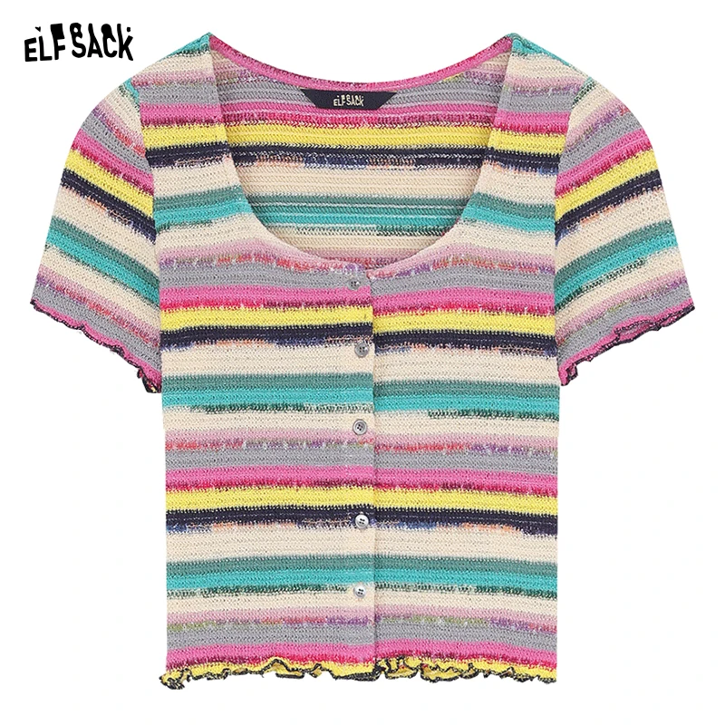 ELFSACK Shoulder striped t-shirt for women's spring 2024 new small slim fit spicy girl short sleeved top