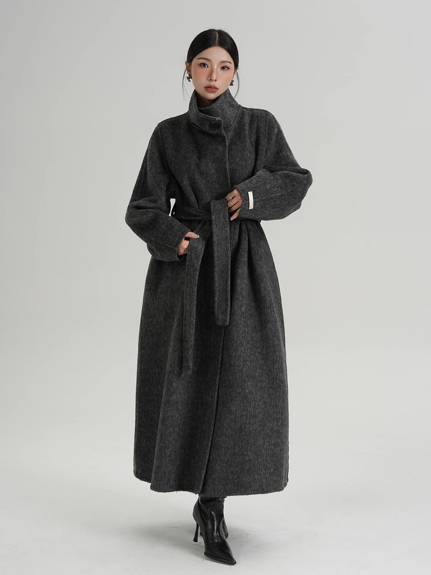 

Ele ey Double-Faced Woolen Coat with Belt SRYS AME Women's Faion Commute Sle Long Sve Loose Fit Winter New Arrival