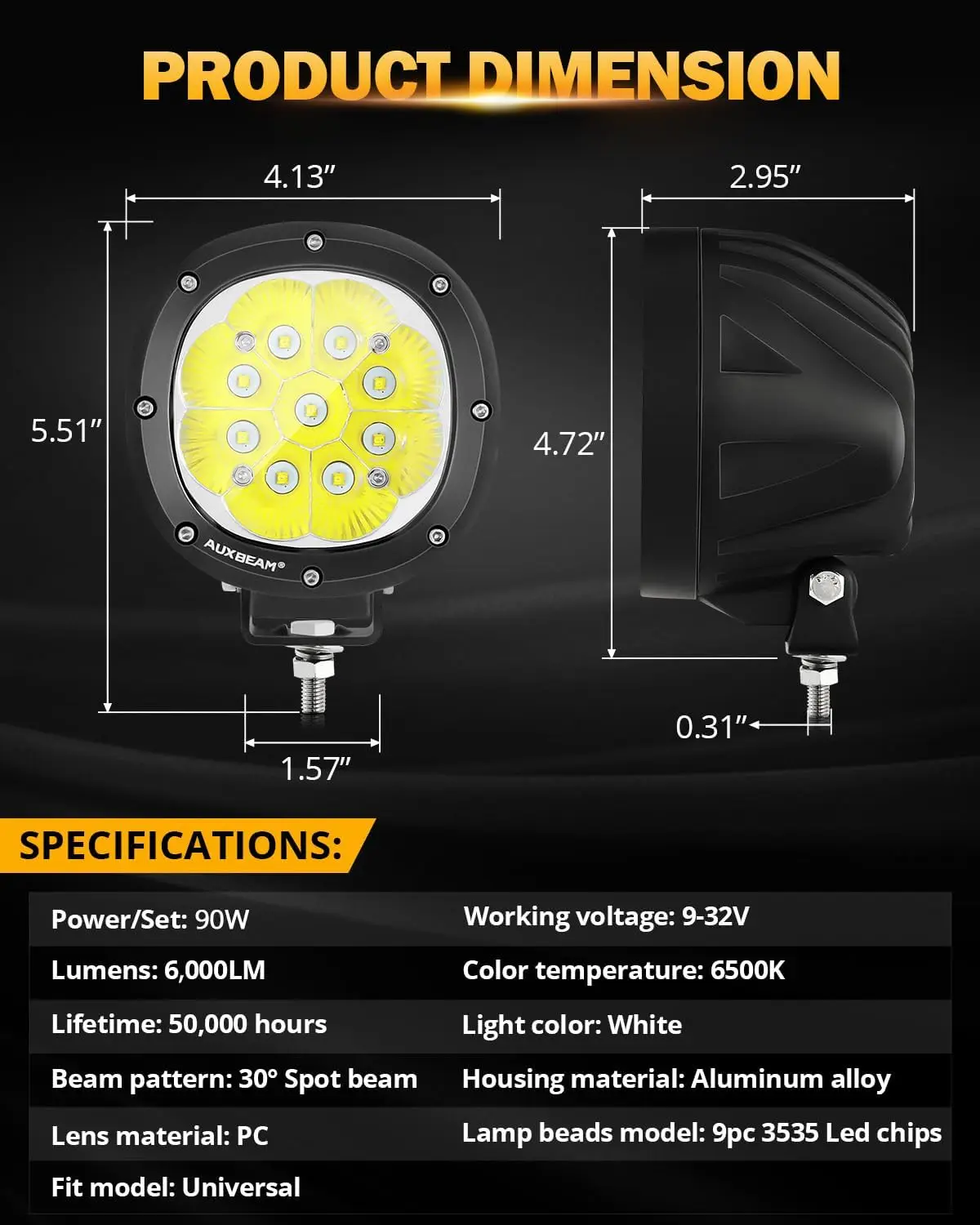 Luzes LED Offroad redondas com kit de cablagem, super brilhante condução Pod, mancha branca, 4in, 90W, 9000LM, 2PCs