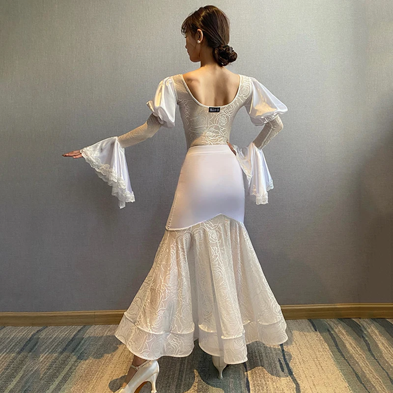 2024 Ballroom Dance Dress Women Puff Sleeves Black White Lace Tops Skirt Prom Waltz Dance Clothes Performance Costume BL12274
