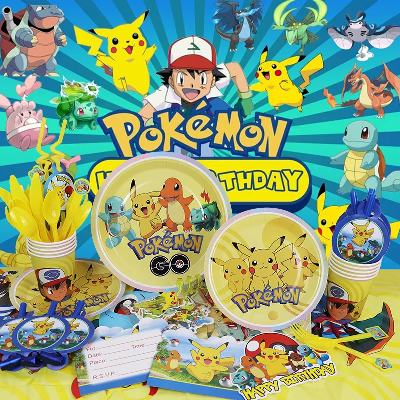 Yellow Pokemon Birthday Party Decoration New Lightning Pikachu Balloon Event Supplies Disposable Tableware Backdrop Banner Plate