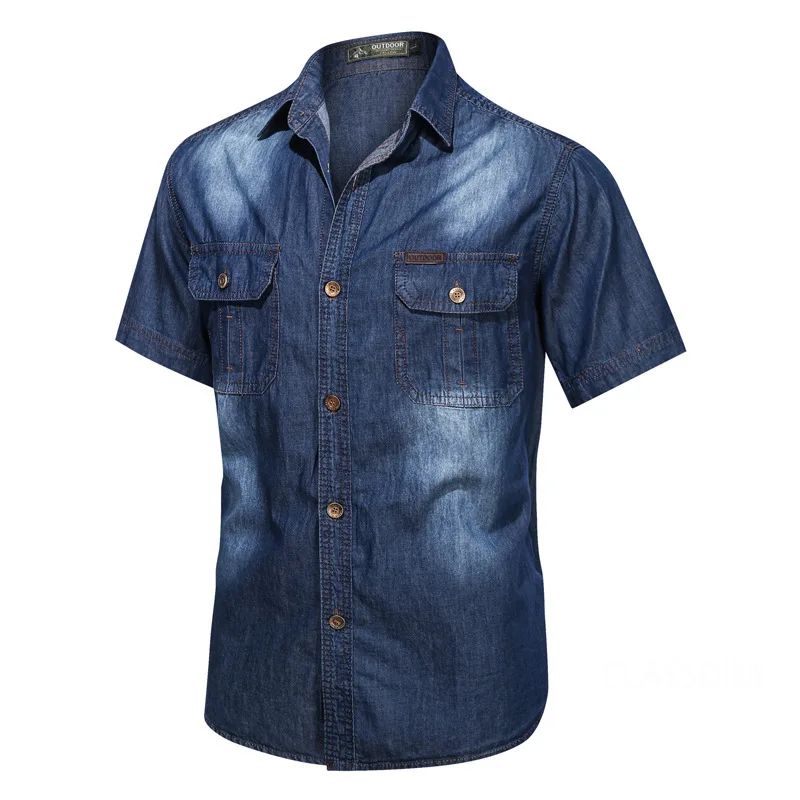 Men Short Sleeve Denim Shirts Multi pockets Tooling Shirts New Summer Blue Jeans Shirts High Quality Men Cotton Casual Shirts 3