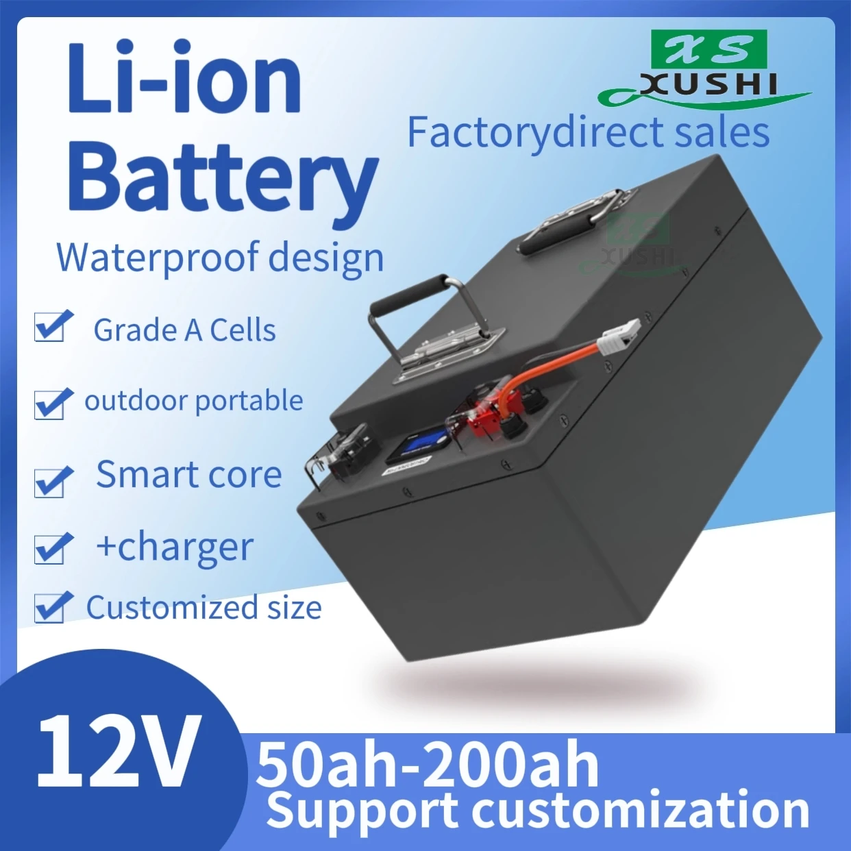 

XS Waterproof lithium ion battery 12v 150ah 60ah 200AH100Ah 80Ah 120ah with BMS for boat Inverter propeller fishing + charger