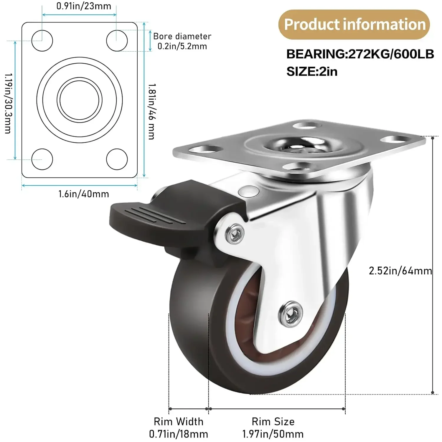 4Pcs Universal Swivel Casters Heavy Duty Furniture Wheel Castor Silent Trolley Wheels for Table Sofa with Safety Brake 2inch