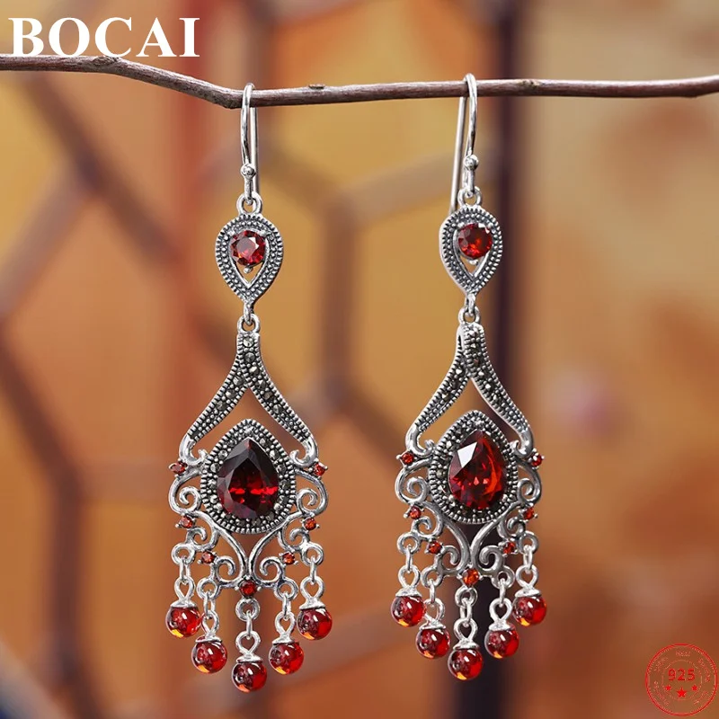 

BOCAI S925 Sterling Silver Earrings for Women New Fashion Hollow Pattern Tassel Garnet Argentum Ear-Drop Jewelry Free Shipping