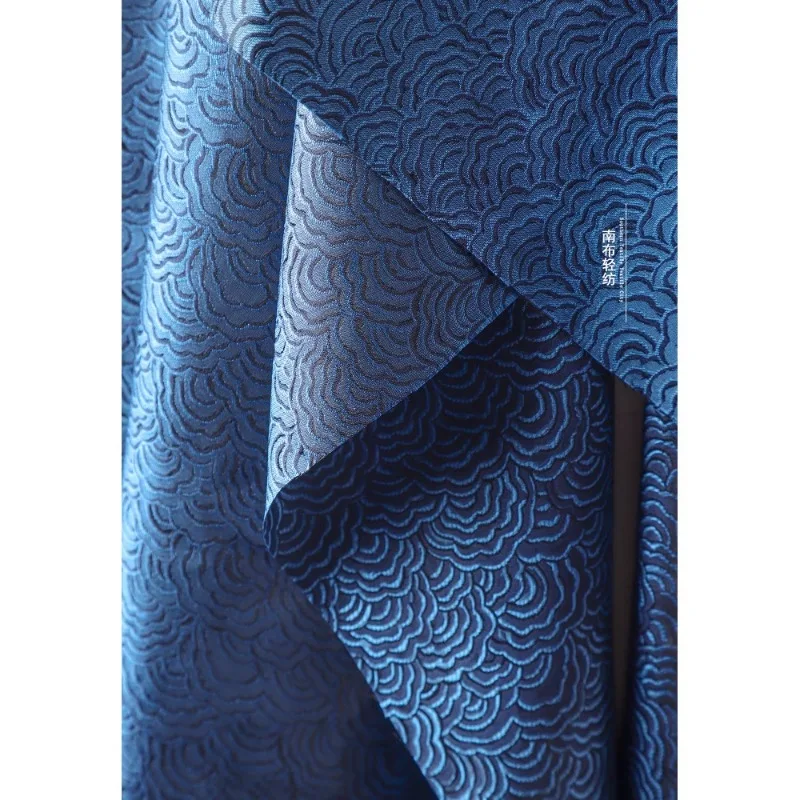 Blue Traditional Water Patterned Jacquard Polyester Fabric Chinese Style Auspicious Cloud New Clothing Designer Fabric