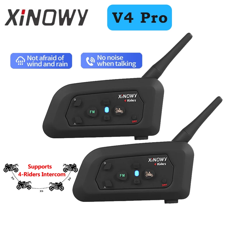 

Мотоциклетная Bluetooth-гарнитура XiNOWy V4 PRO с функцией интеркома, водонепроницаемая, с шумоподавлением, поддержка связи между 4 райдерами, аккумулятор 850 мАч