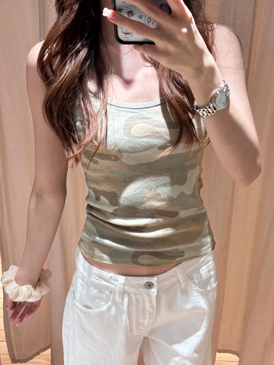 Camouflage Print Slim Tank Tops Women Summer New Cotton Sleeveless Cropped Camisole Female Vintage Streetwear Casual Vest Y2k