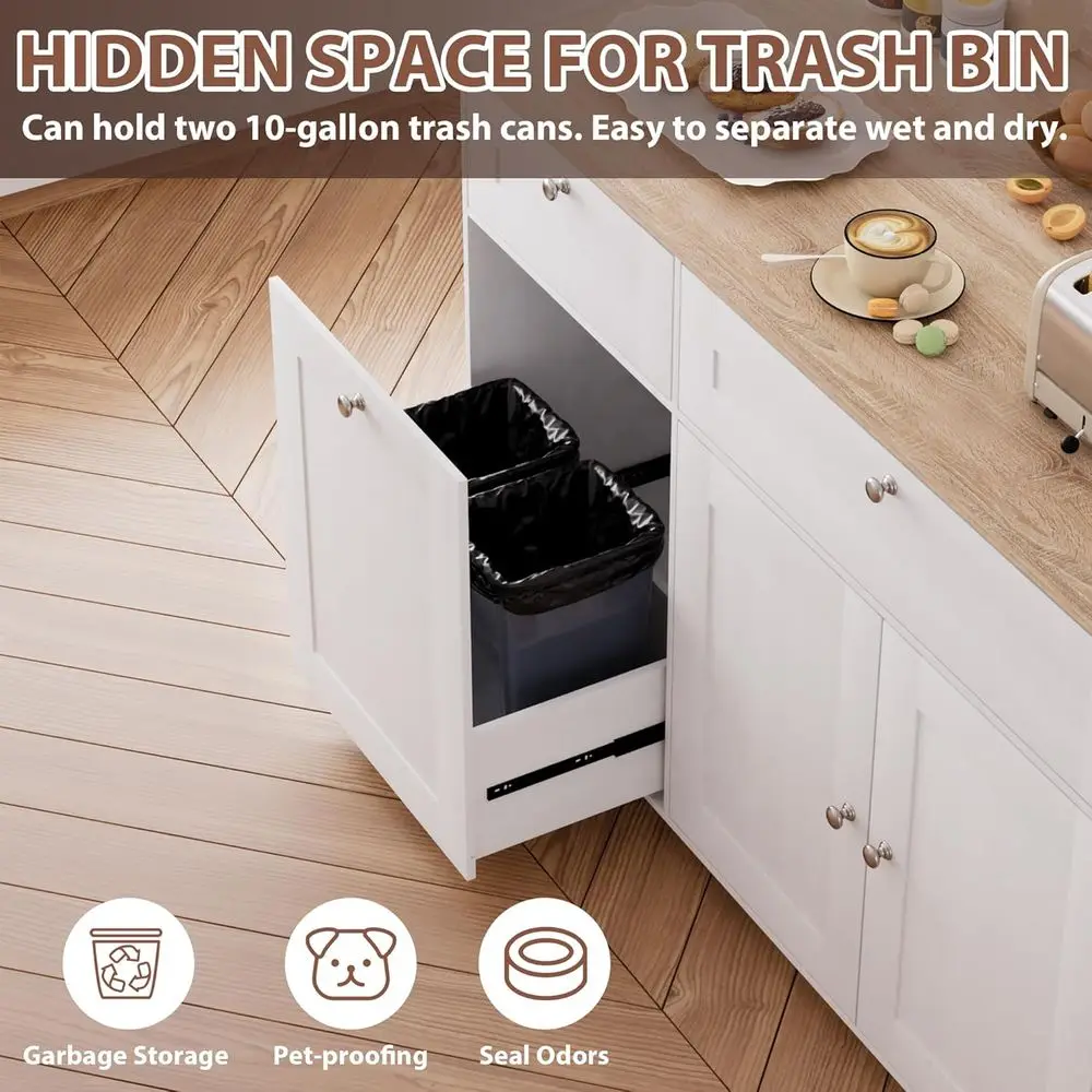 جزيرة مطبخ بيضاء محمولة مع أوراق متدلية، وحدة تخزين، وصندوق قمامة، ومخرج طاقة، ورف توابل على عجلات #5