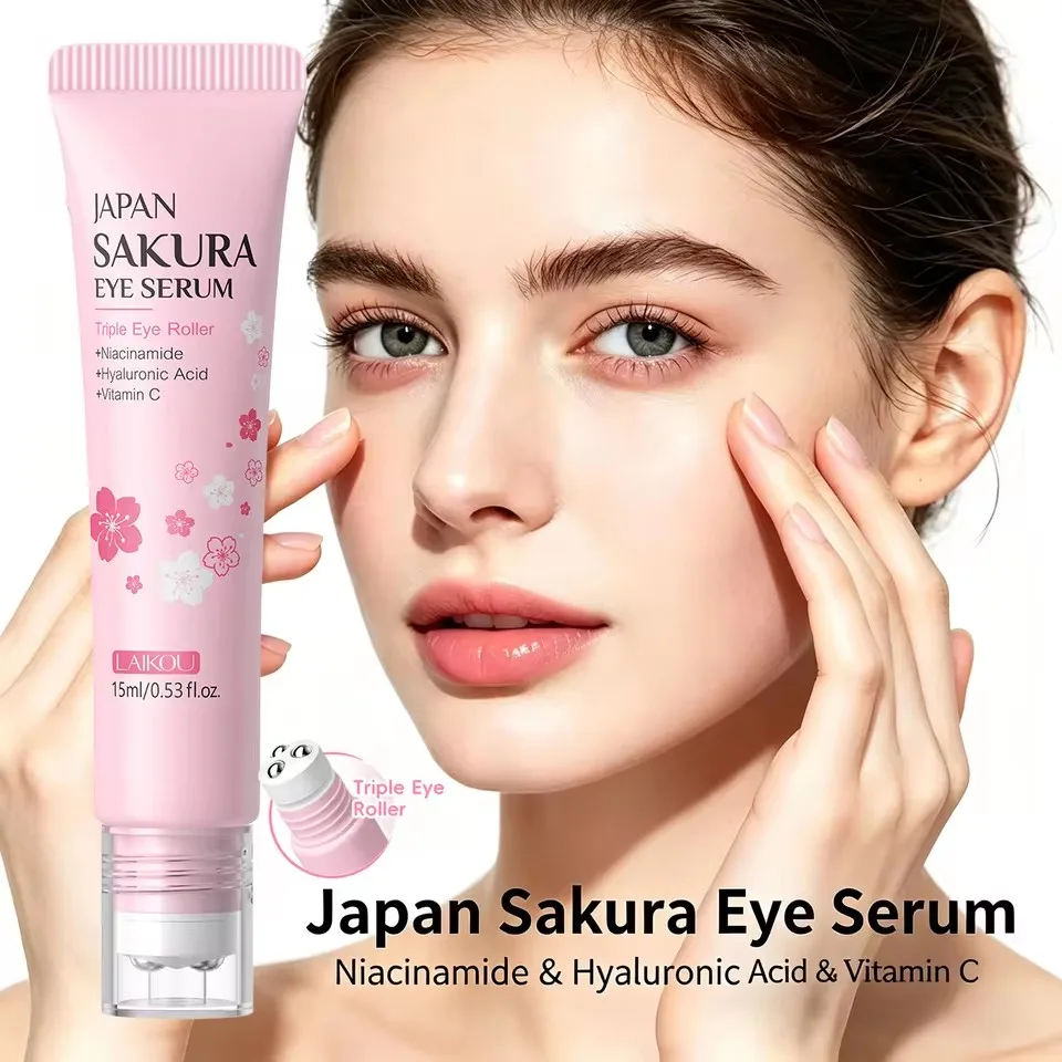 LAIKOU Sakura Eye Serum Roller Massage Hyaluronic Acid Skin Care Eye Bags Cream Moisturizing Reduce Dark Circles Puffiness15ml