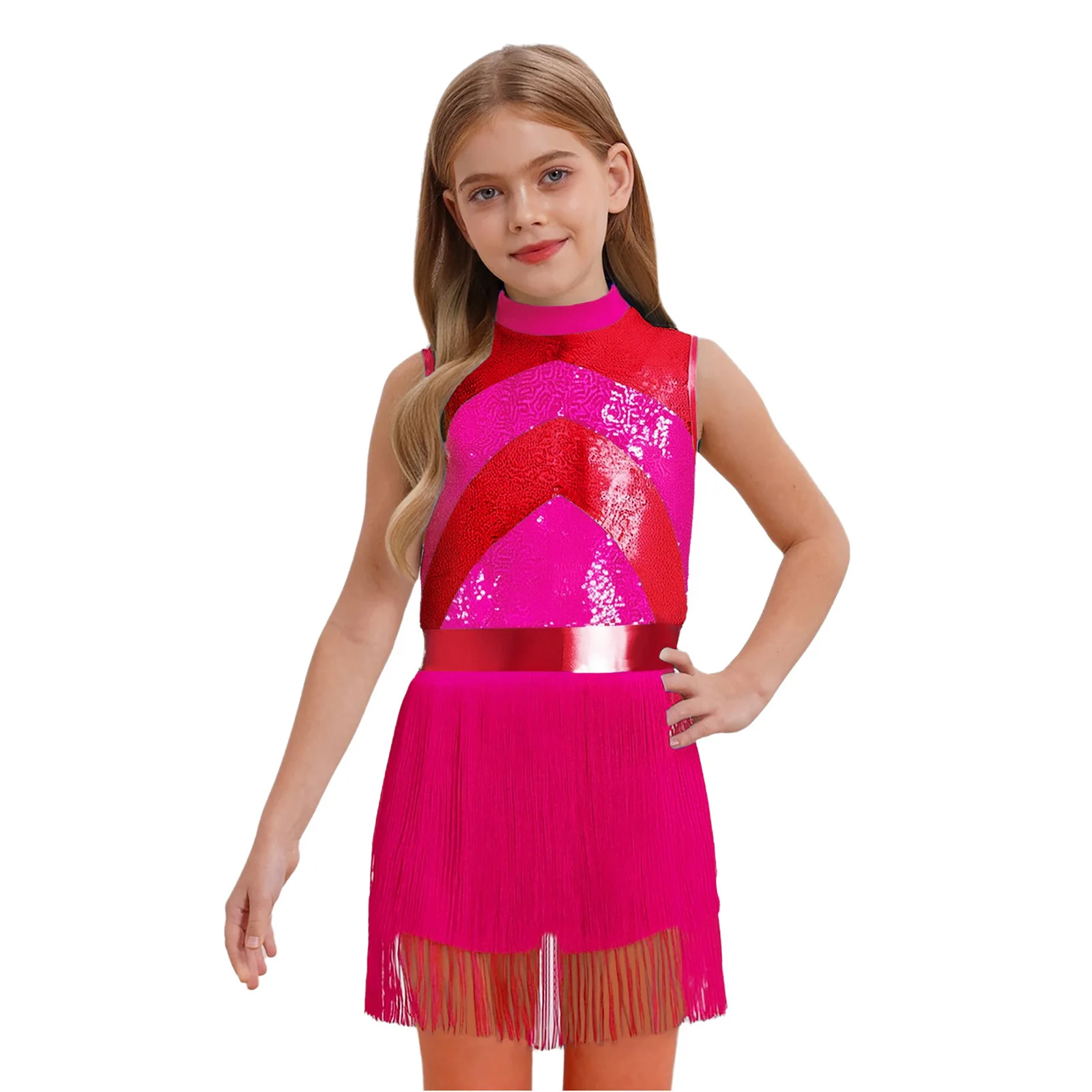 

Kids Girls Ballroom Latin Jazz Dance Dresses Mock Neck Sleeveless Shiny Sequin Color Block Tassels Leotard Dress for Performance