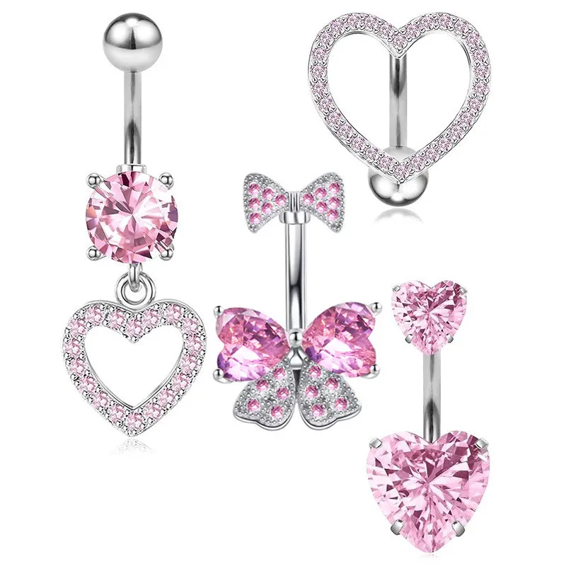 Pink Flower Belly Button Rings Set Women Blue Crystal Belly Piercing Bulk Heart Navel Barbell Jewelry Pack Piercing Ombligo Lote