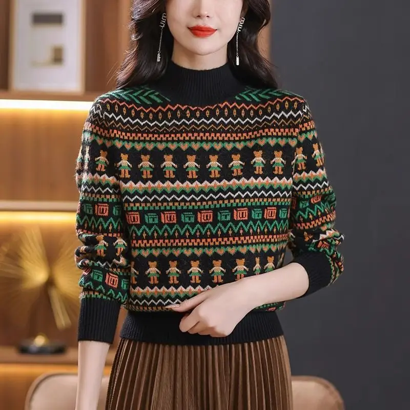 

Autumn and Winter Women Half Turtleneck Retro Pullover Ethnic Style Sweater Round Neck Loose Thickened Bottoming Shirt Tops