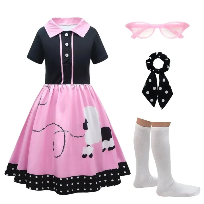 Cute poodles kids dress anime flip collar button dress full set Girls 50s 60s theme Carnival party cosplay costume