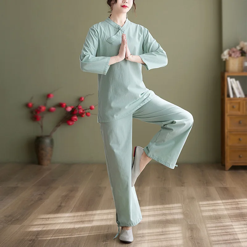 Chinese Traditional Women Yoga Tai Chi Martial Art Set Cotton Linen Loose Shirt+pant Casual Workout Meditation Tang Suit Clothes