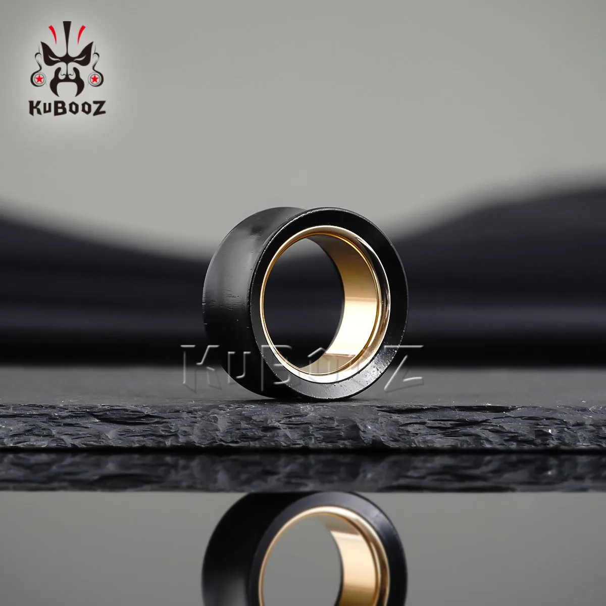 KUBOOZ 2PCS Double Flare Ear Stretcher Gauges Ebony Wood Ear Tunnels Plugs with Gold Inner Ring Body Piercing Jewelry