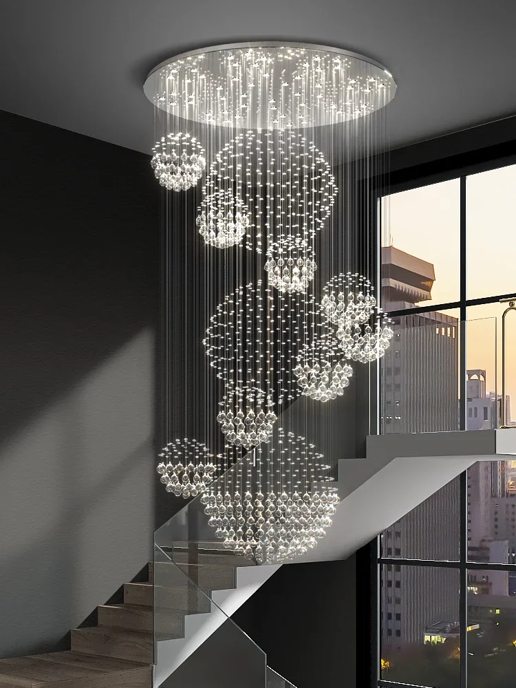 

Duplex Floor Chandelier Modern Minimalist Villa Crystal Lamp Hotel Lobby Living Room Hollow Loft Staircase LED Long Chandelier