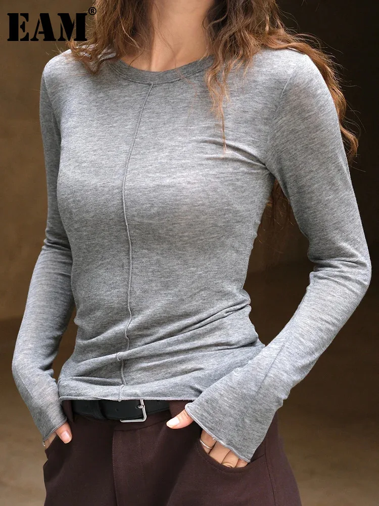 [EAM] Women Black Gray Brief Soft Slim Plain T-shirt New Round Neck Long Sleeve Fashion Tide Spring Autumn 2024 1DH7050