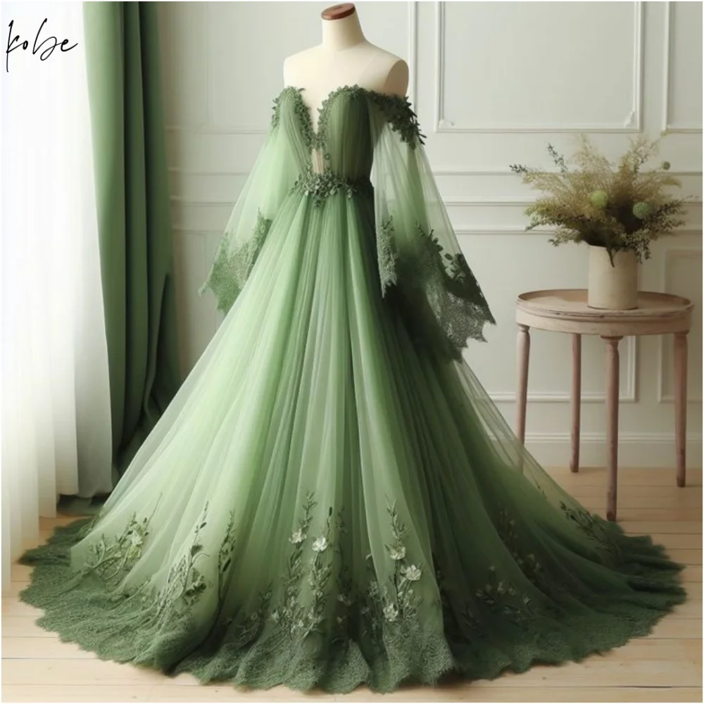 Kobe Embroidery Ball Gown V Neck  Prom Dress A-line Floor-Length Wedding Dresses Dreamy Mesh Fabric vestidos de noche Customized