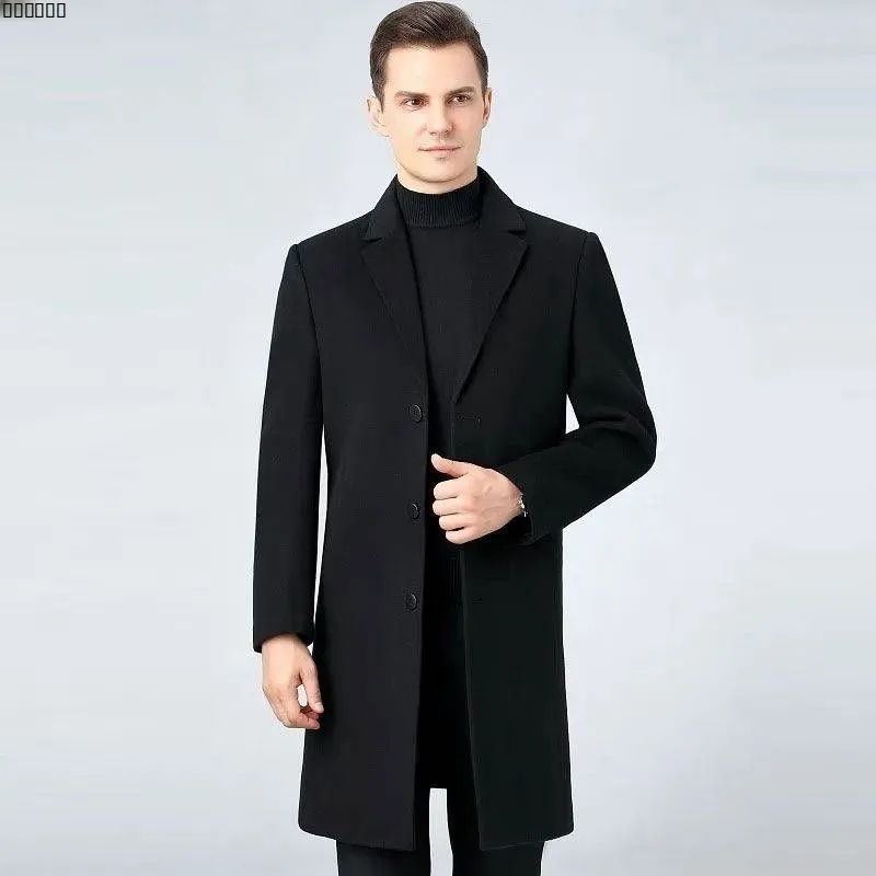 

Men's Long Over-Knee Thiened Woolen Coat Slim Fit Suit Collar Windbreaker Large Size Polyester Fiber Spring Season