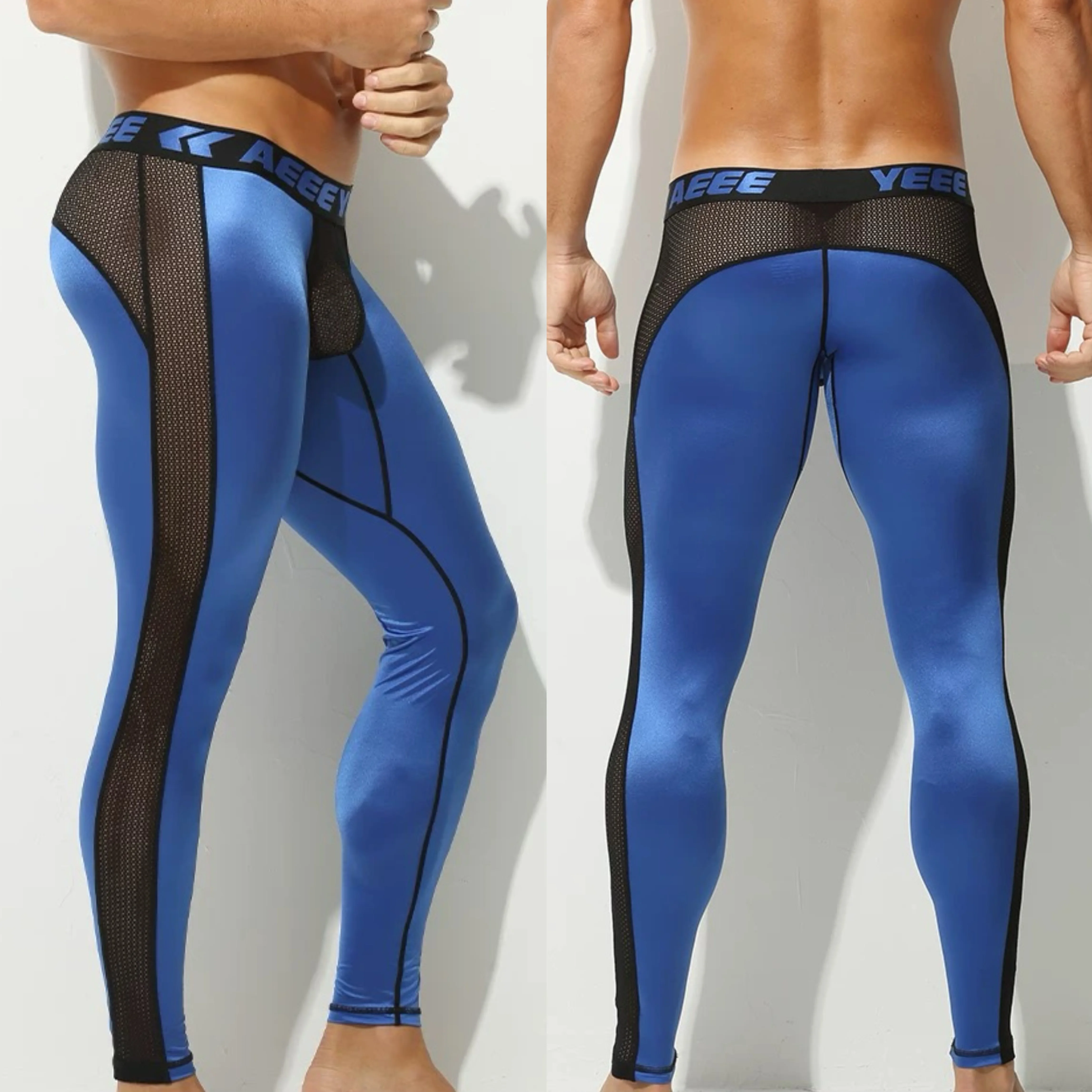 Shining Blue pants men's leggings single piece tight  fitness shorts Hollow Underwear