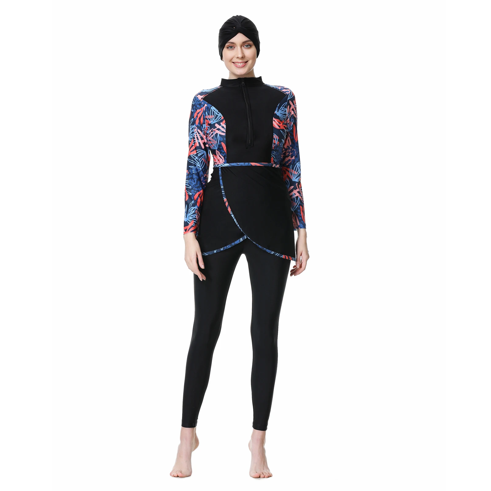 

Floral Print Patchwork Swimsuit for Muslim Women, Long Sleeve and Pants, All Cover, Sunscreen Beach Wear, New Burkini, 3Pcs