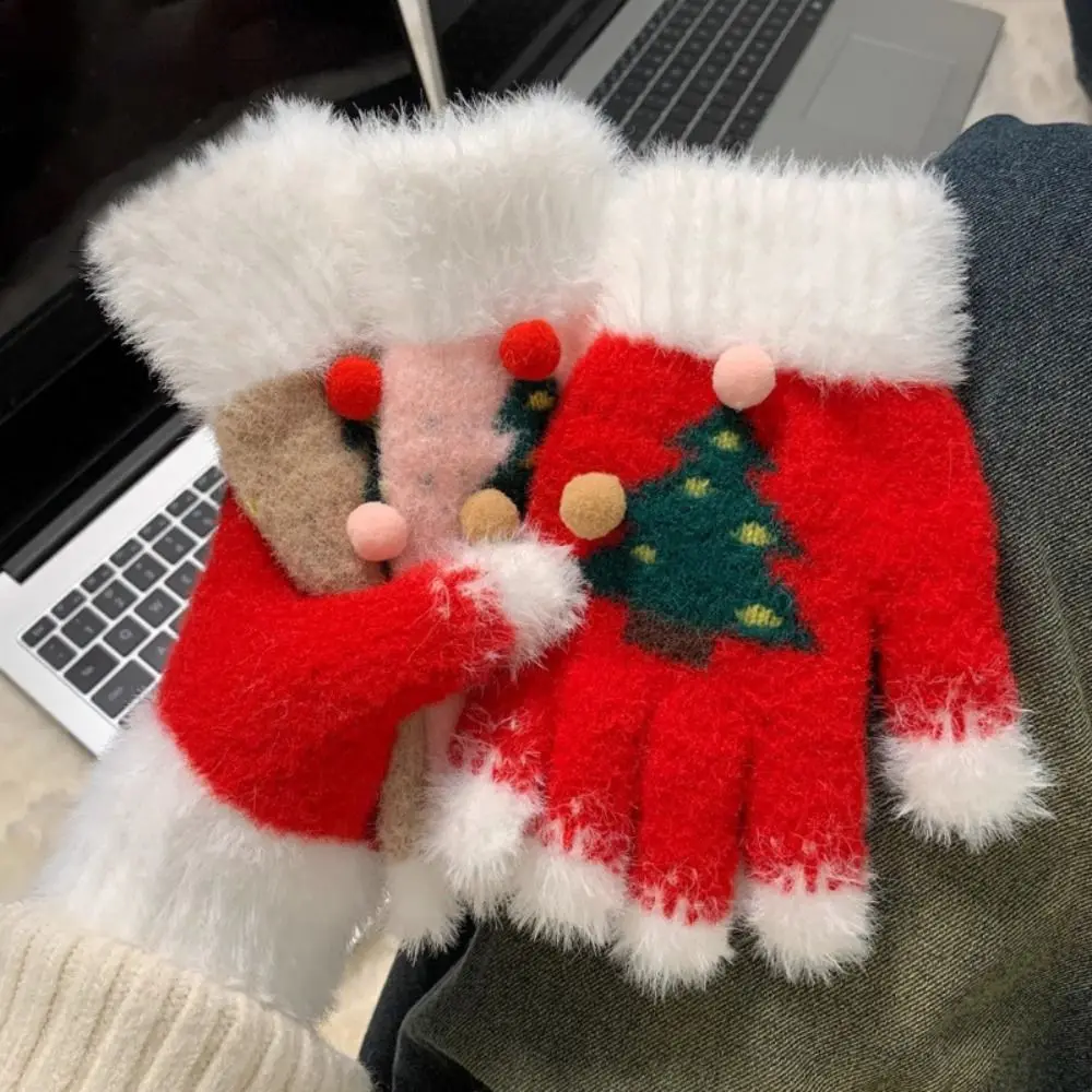 Adults Thickened Christmas Tree Gloves Warm Knitted Design Winter Gloves Elastic Five-finger Gloves