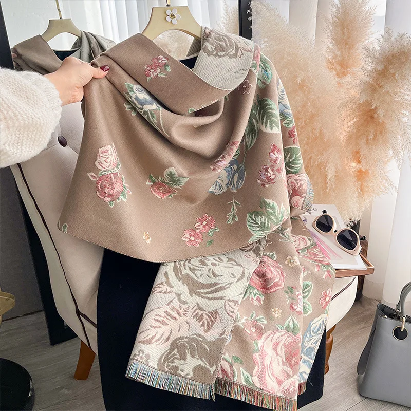 Rose warm temperament versatile thickened shawl light luxury jacquard with imitation cashmere scarf scarf women luxury