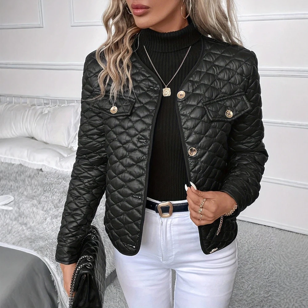 

Женская легкая стеганая куртка, простой клетчатый дизайн, однобортный, с длинным рукавом, с круглым вырезом, осенне-зимняя верхняя одежда