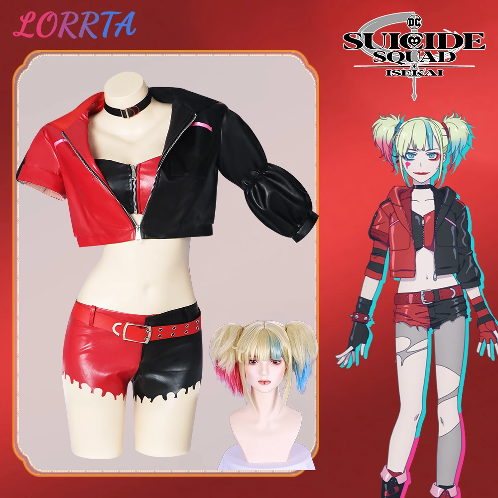 Disfraz de Cosplay de Harley Quinn para mujer, conjunto de falda, abrigo, pantalones, cinturón, peluca de Anime, Cosplay del Joker, uniforme de Carnaval