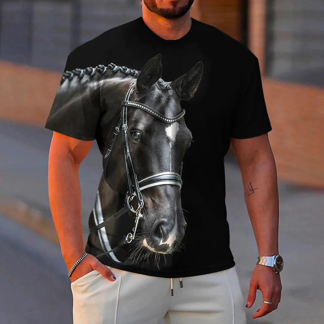 Moda masculina camiseta 3d cavalo impressão verão manga curta casual homem roupas em torno do pescoço topos soltos camisetas de grandes dimensões para homem