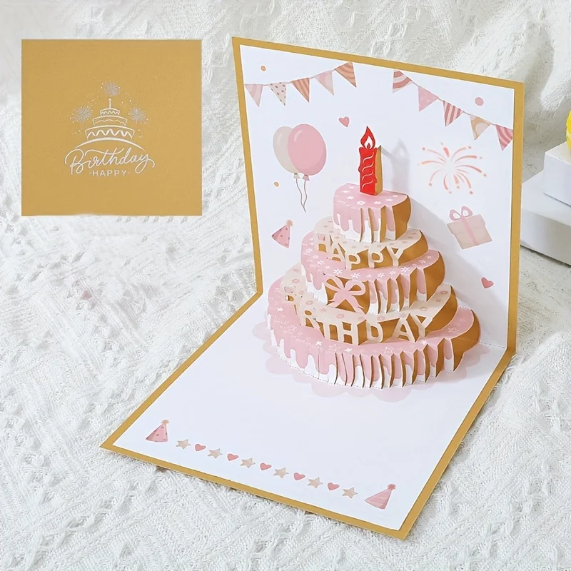 1-teilige Geburtstags-Grußkarte im 3D-Kuchen-Design mit farbenfrohem und niedlichem Pop-Up-Stil, perfekt für Geschenke und inklusive Umschlag. – Detail 3