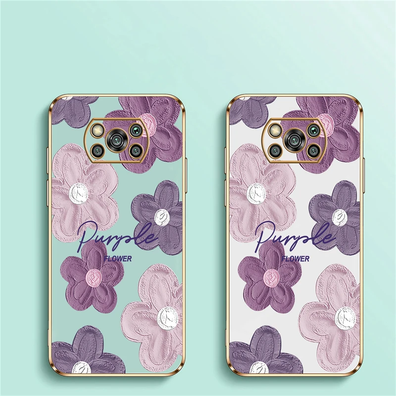 Plating Phone Case For Xiaomi Poco X3 X2 X5 X4 Pro M2 M4 M5S M3 F4 F3 GT C40 Soft Pattern Flower Shockproof Back Cover Coque