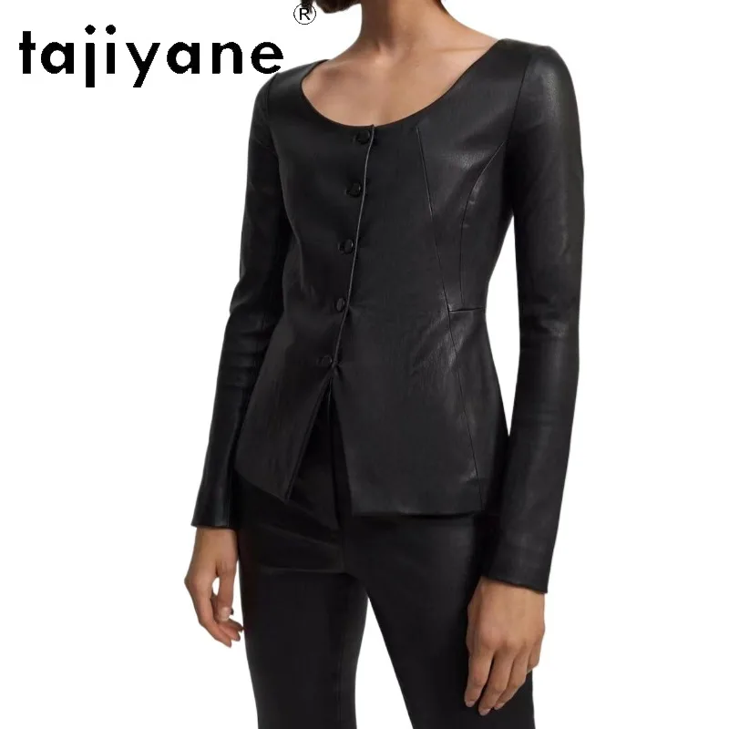 TAJIYANE Spring Autumn Genuine Leather Jacket Women Coat Stretch Sheepskin Big U-Neck Cropped Jackets Multi Buttons Outerwear