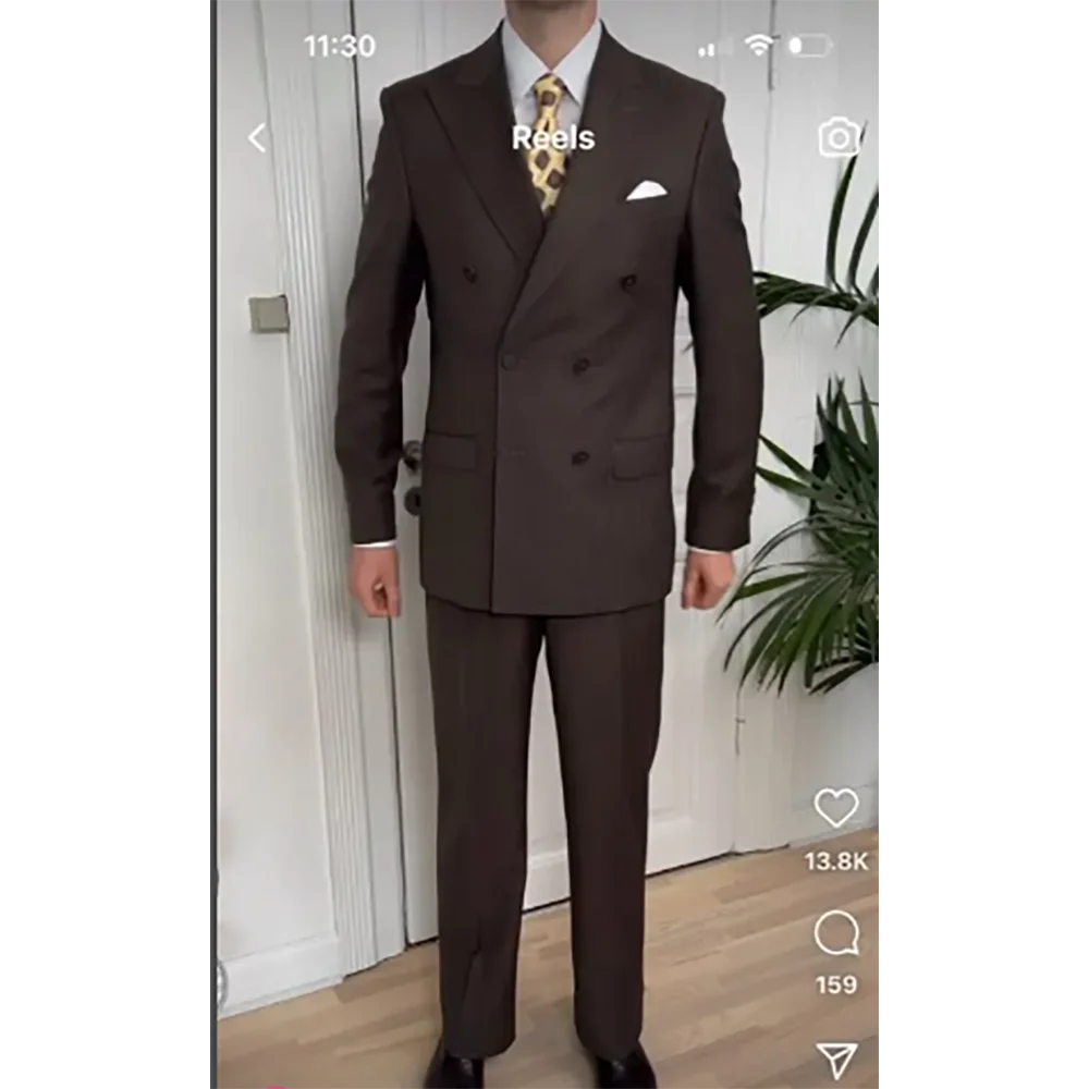 

Slim Brown Double Breasted Men Suit Two Pieces(Jacket+Pants) Lapel Outfits Chic Casual Party Prom Wedding Set