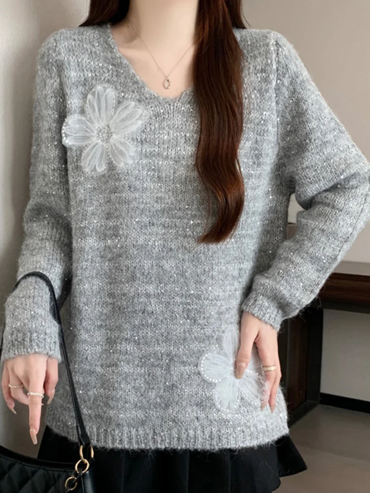 

Elegant 3D Floral Sweet Sweaters Women Loose Korean Fashion V Neck Knitted Jumper Casual Female Fall Winter Long Sleeve Top