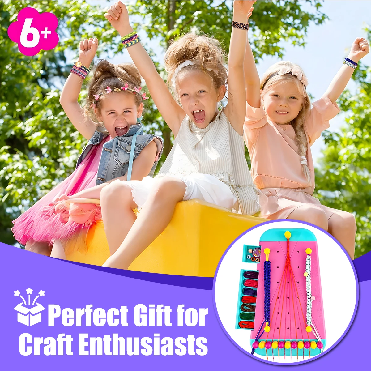 Friendship Bracelet Making Kit with Braiding Board, 2-in-1 Hair Braid & Bracelet Craft Set for Girls, DIY Jewelry Making Toys