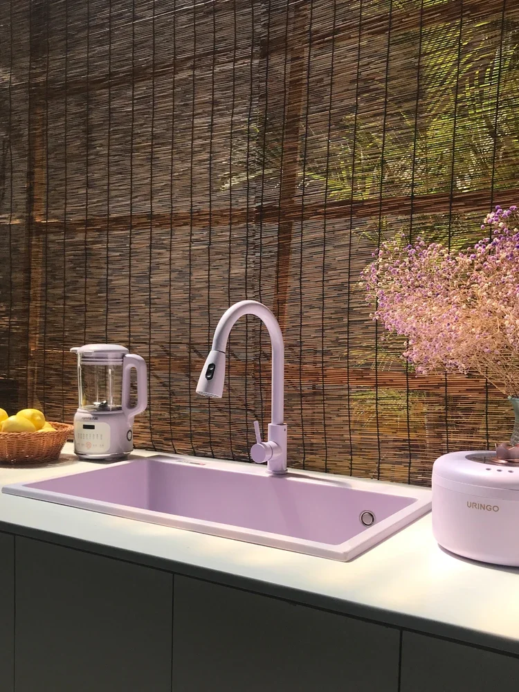 Taro Purple Quartz Stone Large Single Slot Colorful Kitchen Wash Basin Sink Handmade Customization New Product with Pulling Tap